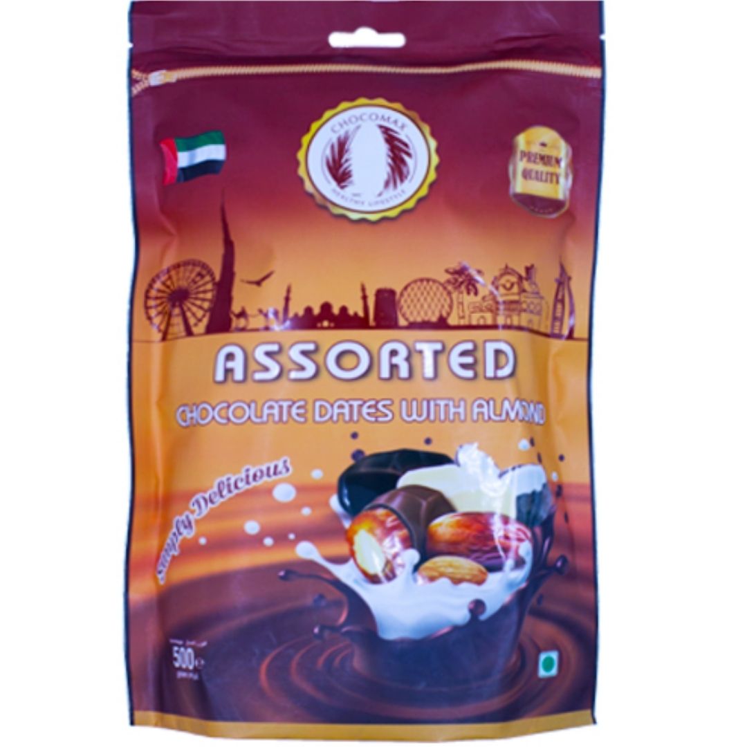 Assorted Chocolate Dates With Almond, 500g DealzDXB