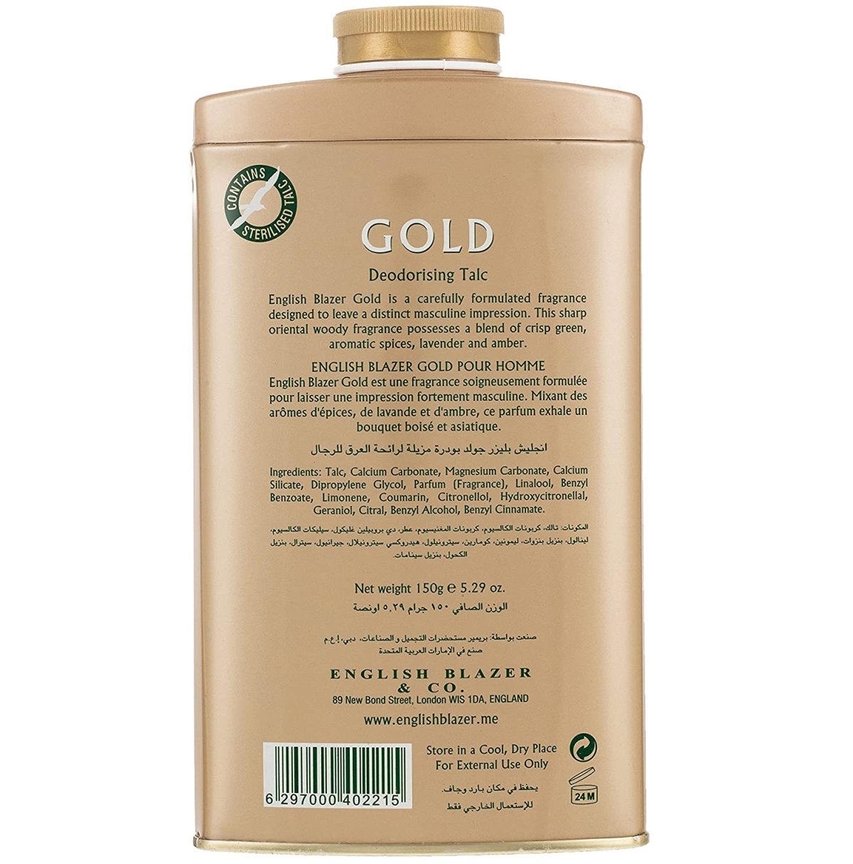 81z-R5TGMmL._AC_SL1500_ English Blazer Gold Talc Deodorising Talc for Men, 150 g - Image 2