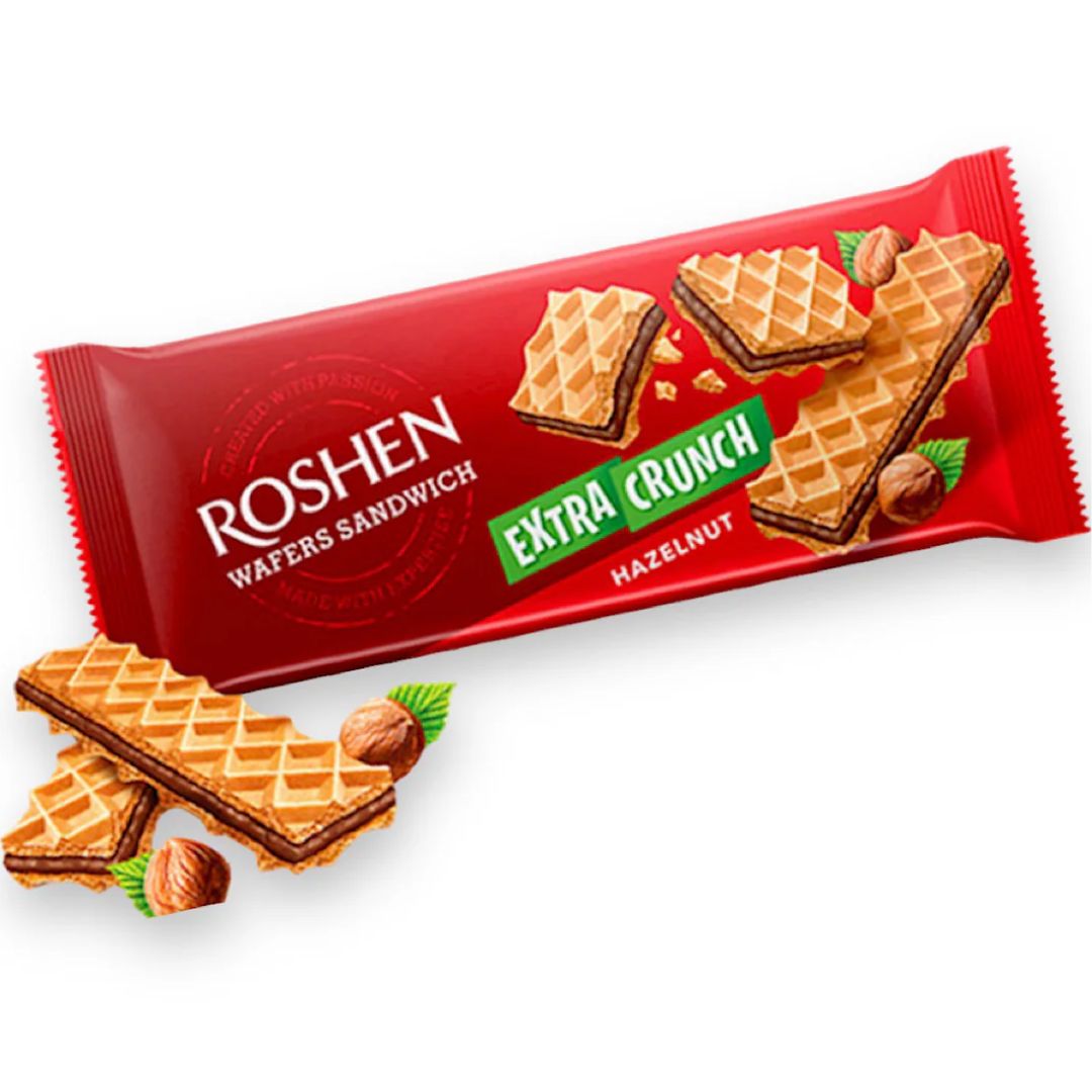 roshen hazelnut canva 2 Roshen Wafers Sandwich Hazelnut Extra Crunch, 142g - Image 1