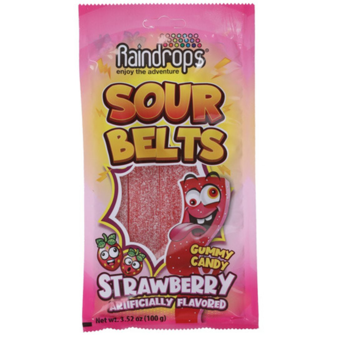 Untitled design (14) Raindrops Sour Belts Strawberry Gummy Candy, 100g - Image 1