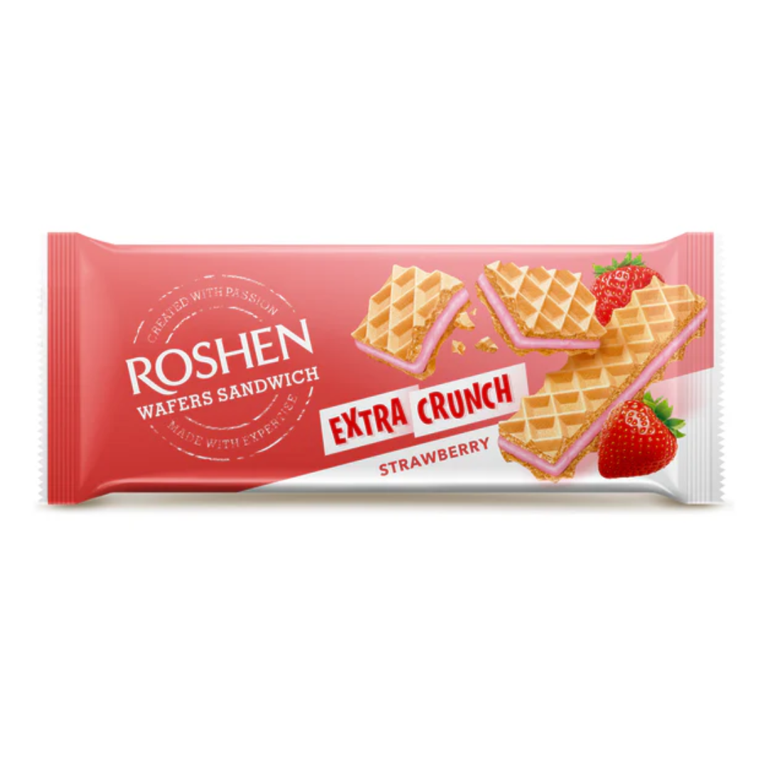 250g - 2025-10-23T200521.347 Roshen Wafers Sandwich Extra Crunch Strawberry, 142g - Image 1