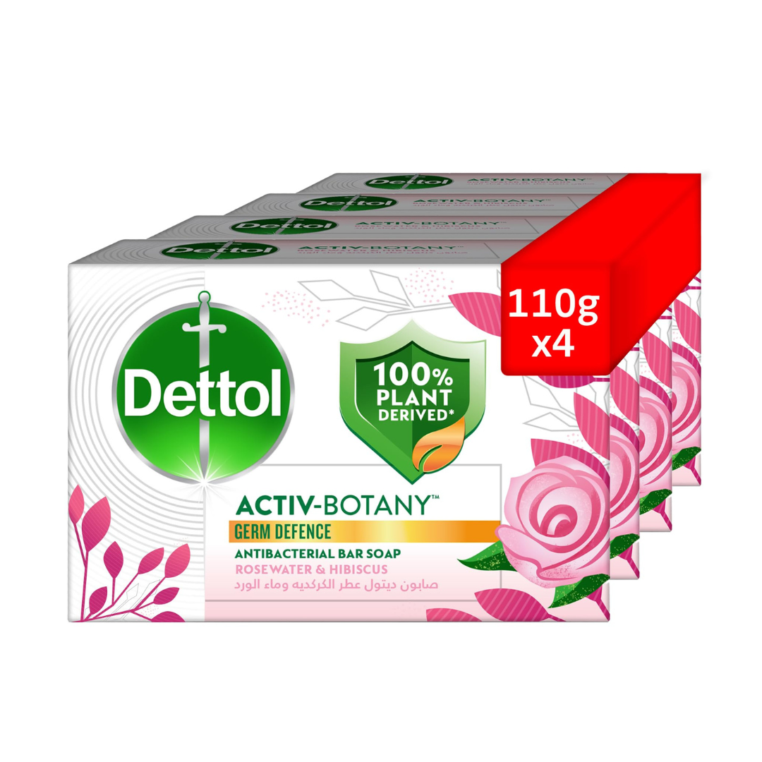 250g - 2025-11-03T202638.191 Dettol Activ Botany Germ Defence Antibacterial Bar Soap Rose Water and Hibiscus, 4x110g - Image 1